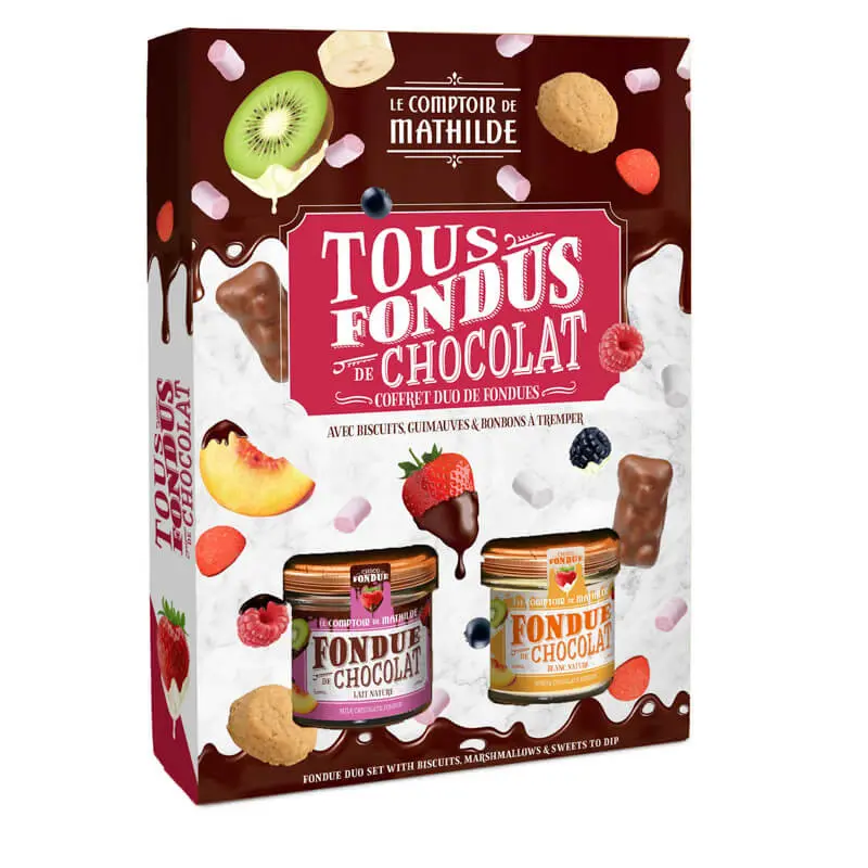 Coffret Kit Fondue Chocolats Lait et Blanc & Guimauves, Biscuits et Bonbons 390g