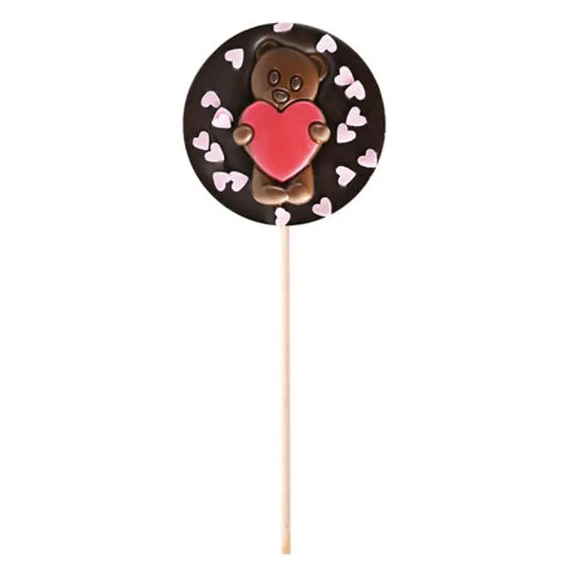 Sucette Chocolat Noir Ourson Coeurs Roses 50G